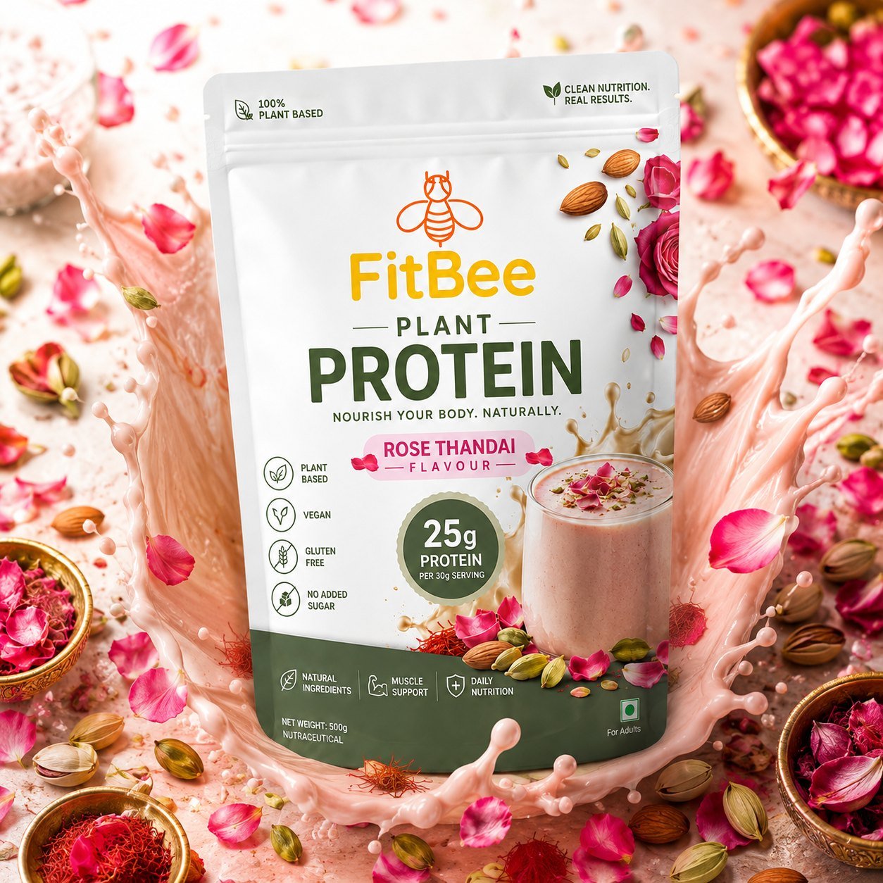 Rose Thandai plant protein with rose petals and cardamom