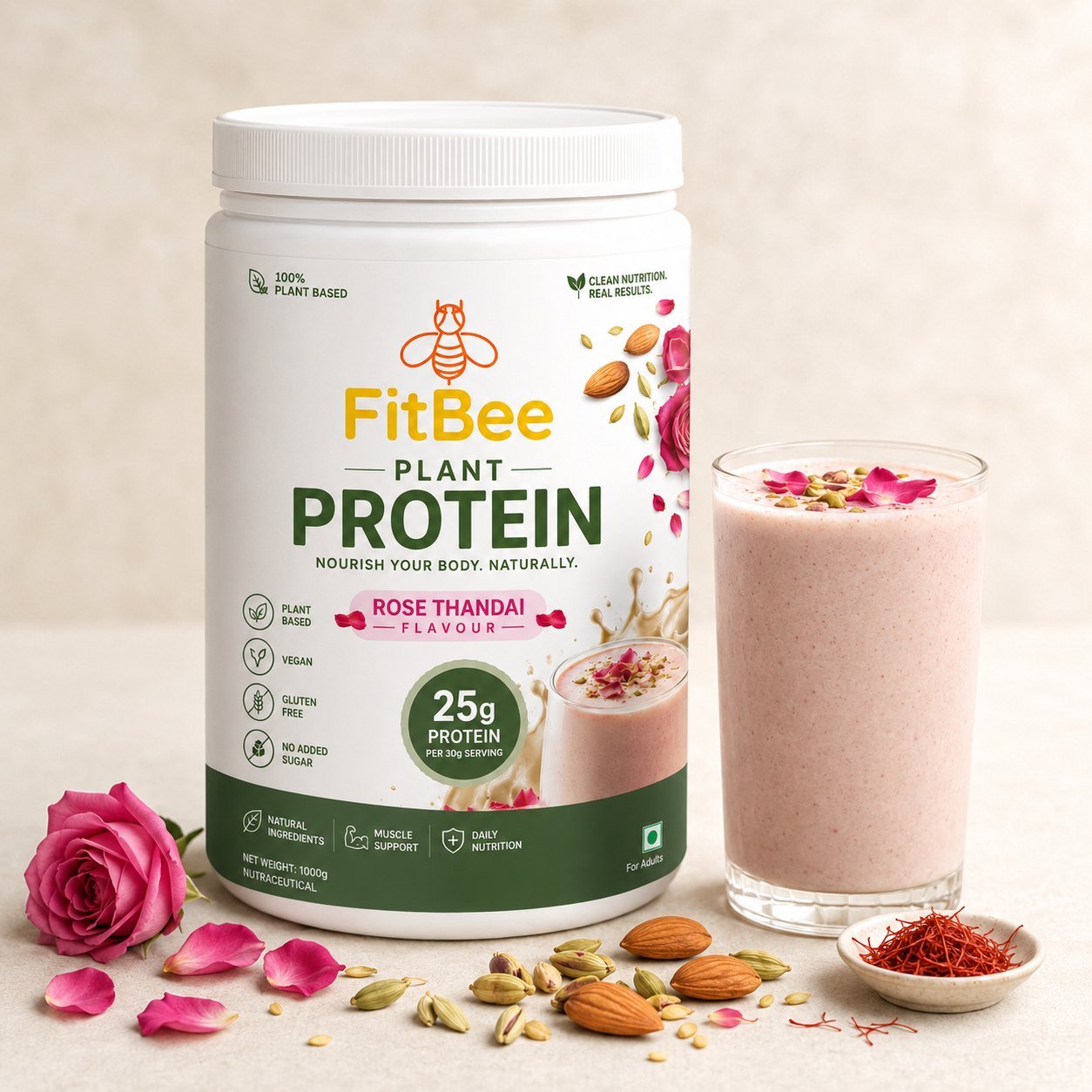 Plant protein with cardamom, almonds, saffron and rose